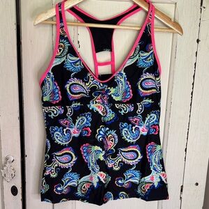 Women’s Paisley Racerback Tank Top Swimsuit- Black with Pink Trim